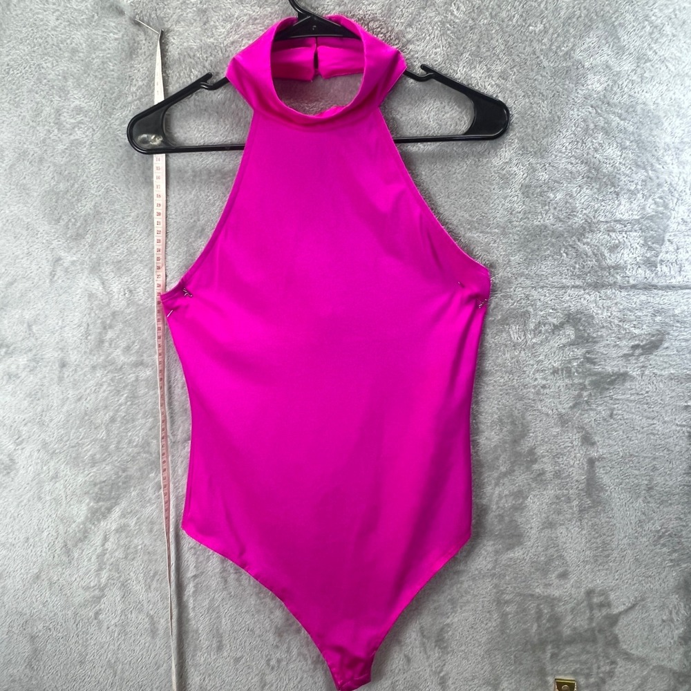 Glam Hot Pink Halter Bodysuit Mock Neck Sleeveless Button Back Sz M Y2K Rave